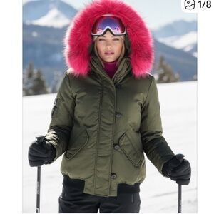 SAM. Olive Bomber Jacket with Fuchsia Fur Trim